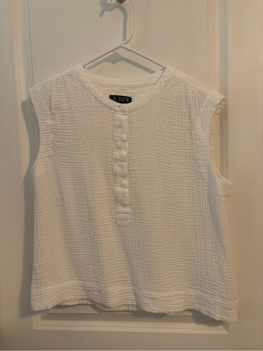 J. Crew White Sleeveless Button Henley Top in Cotton Gauze, Small